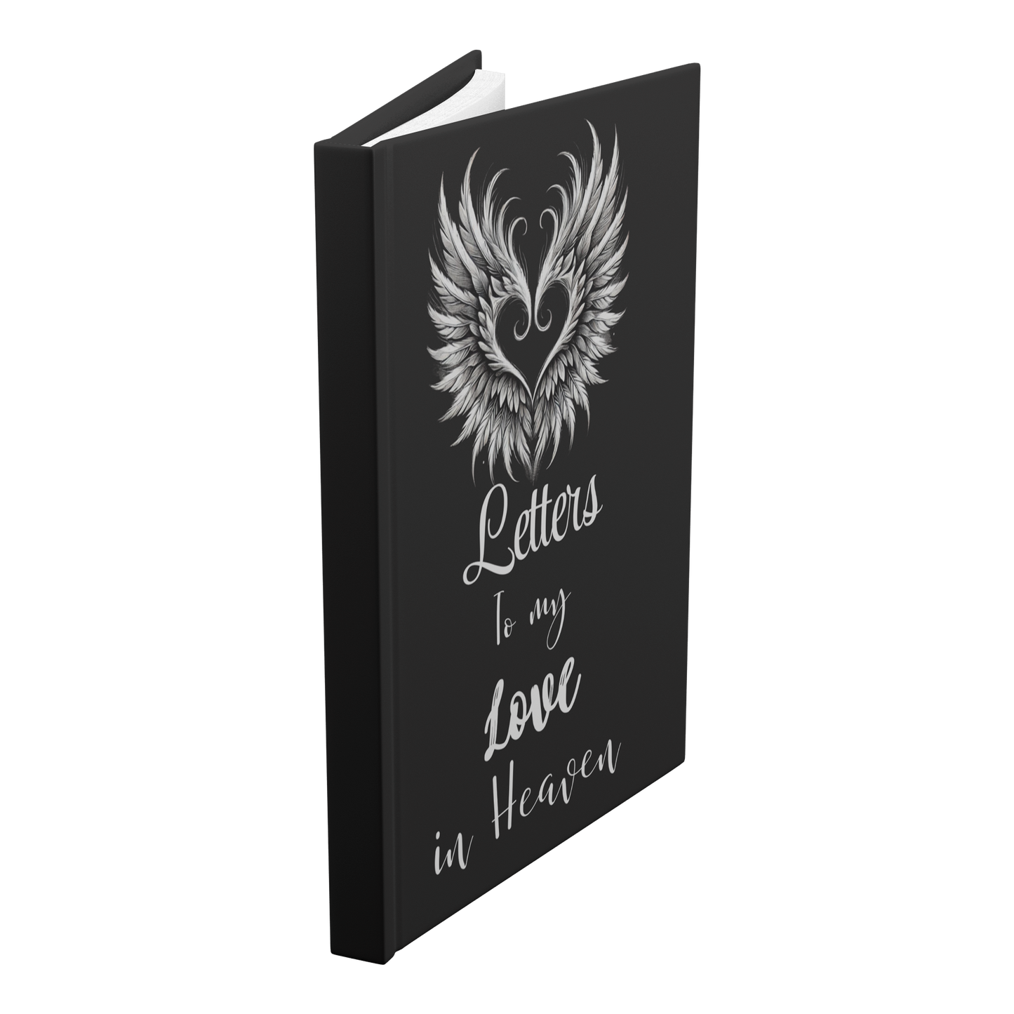 Black hardcover journal with silver angel wings and heart design, titled "Letters to my Love in Heaven" in elegant script.