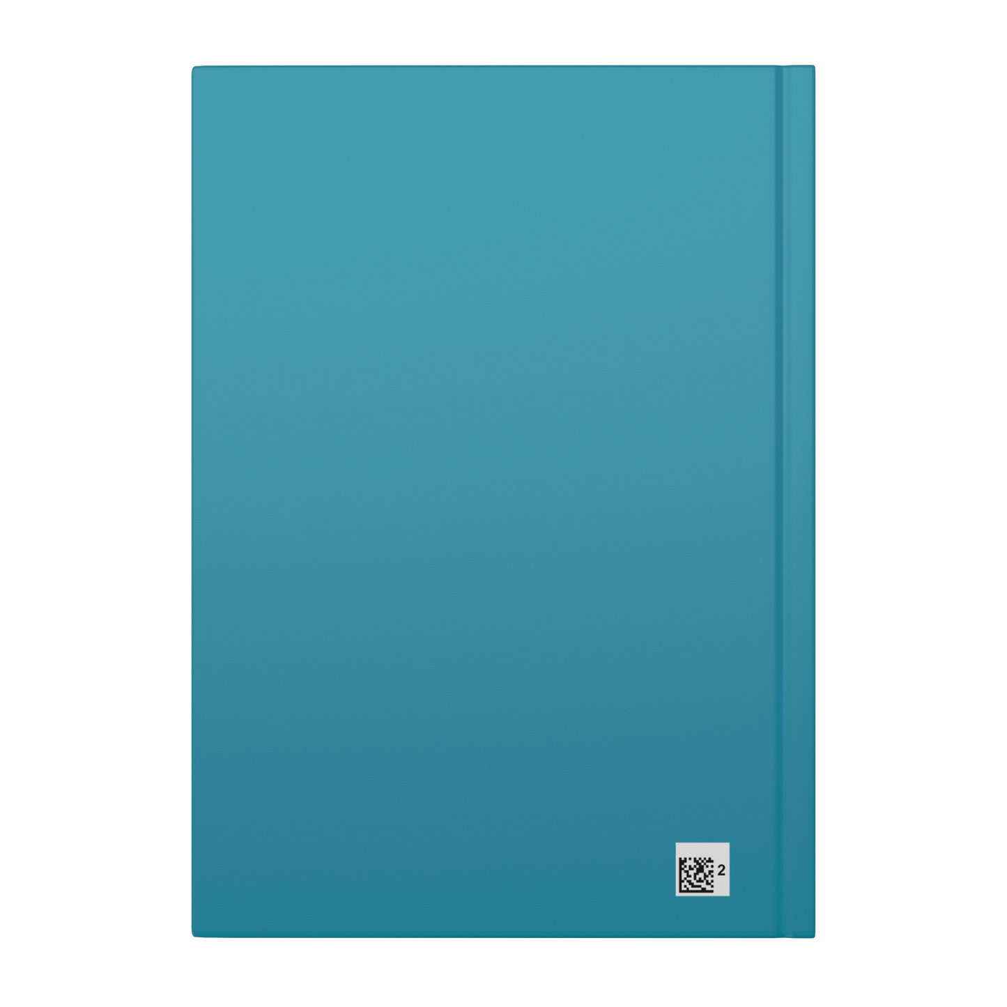 Teal hardcover notebook with stitch detail and small white square logo in bottom right corner.