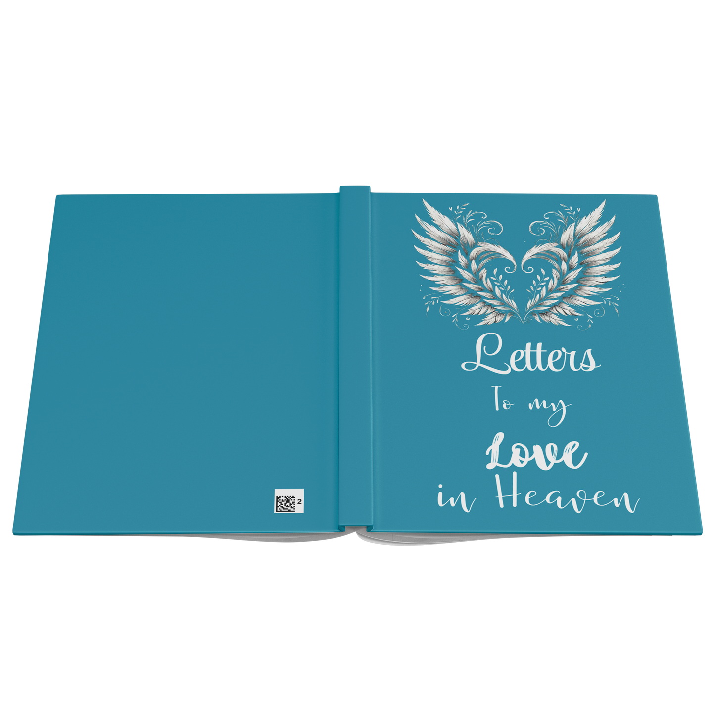 Turquoise hardcover notebook with silver angel wings and white script "Letters to my Love in Heaven" on the cover.