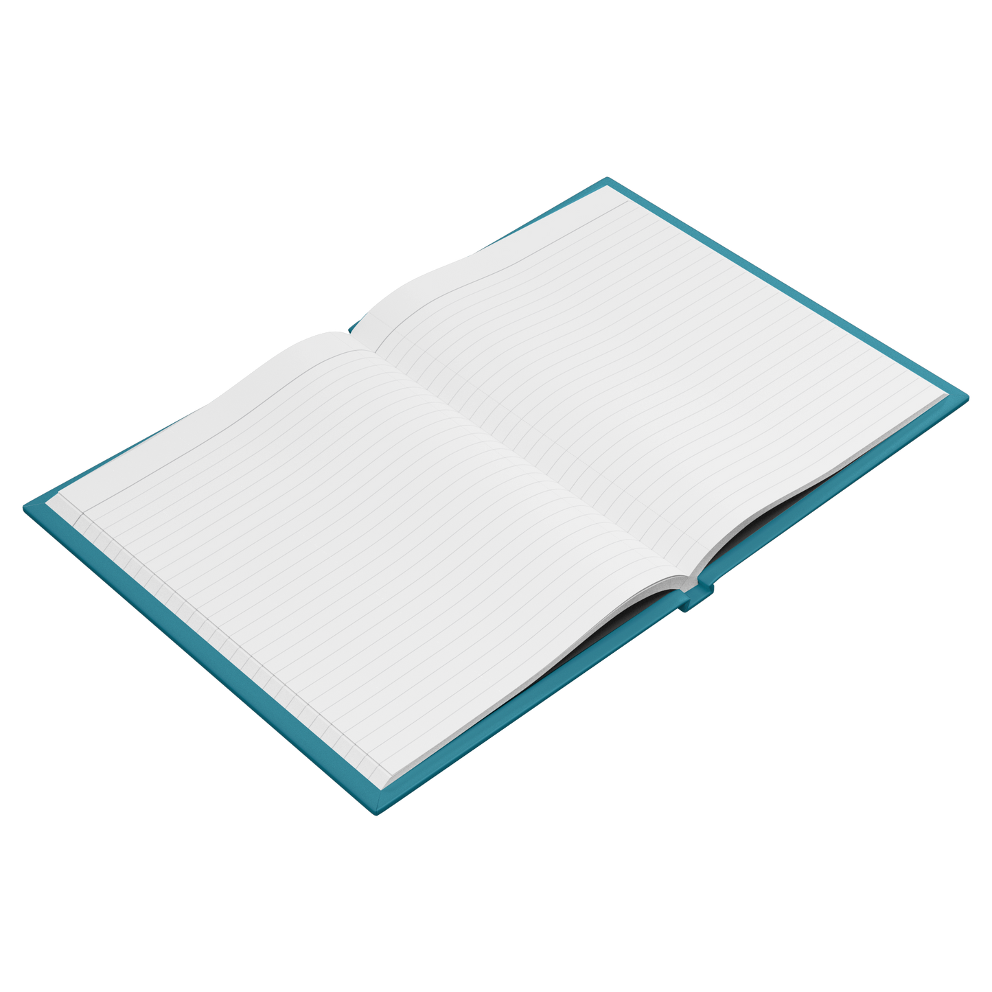Open hardcover notebook with lined white pages and teal cover edges visible.
