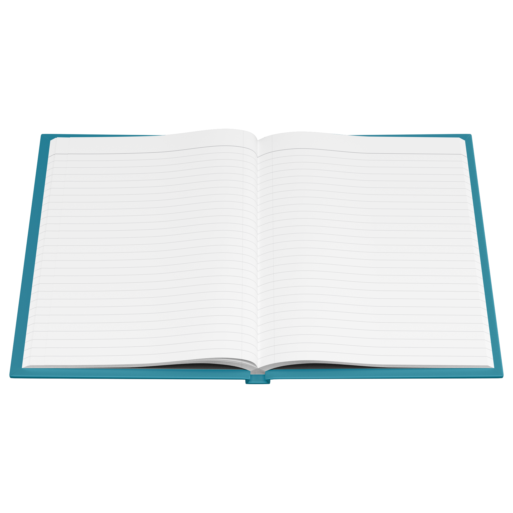 Open hardcover notebook with teal cover and lined white pages.