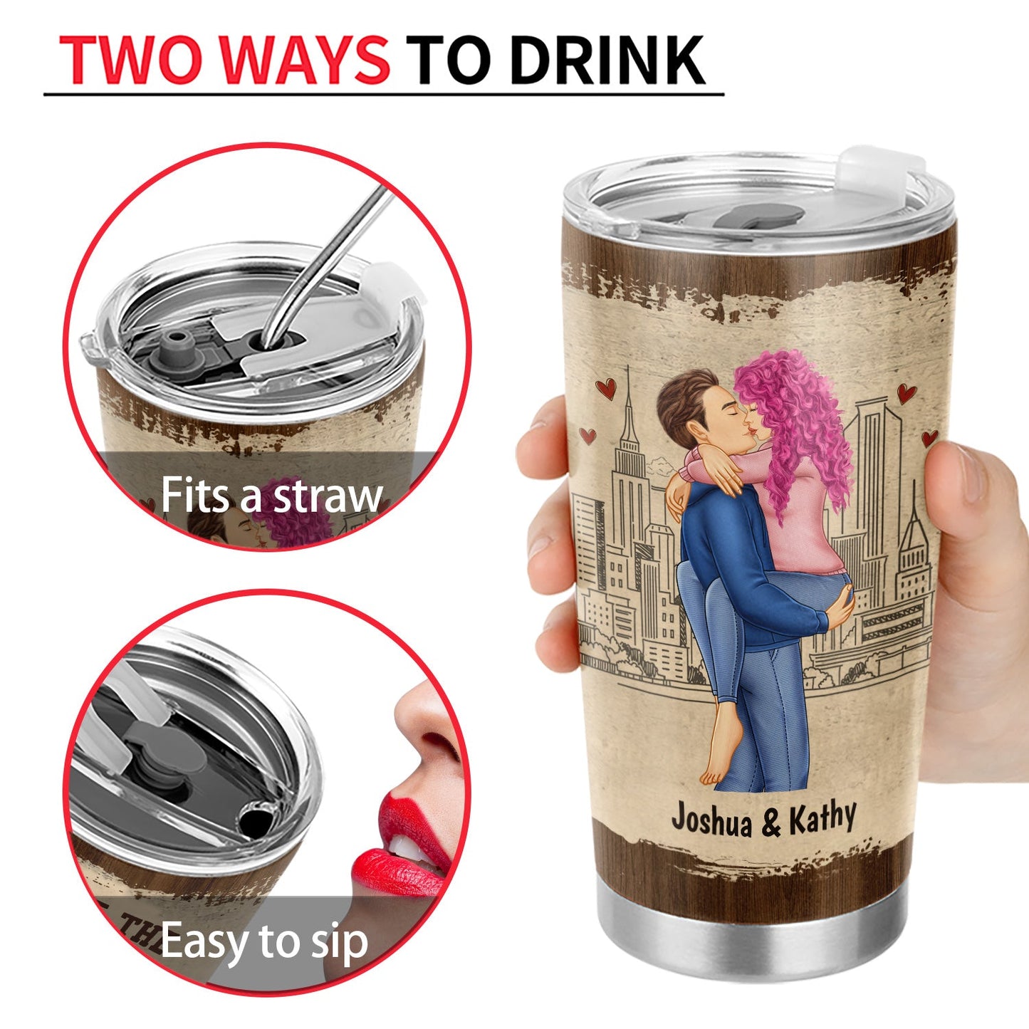Tumbler with a couple illustration, labeled "Joshua & Kathy," showcasing a lid with "Fits a straw" and "Easy to sip" options.