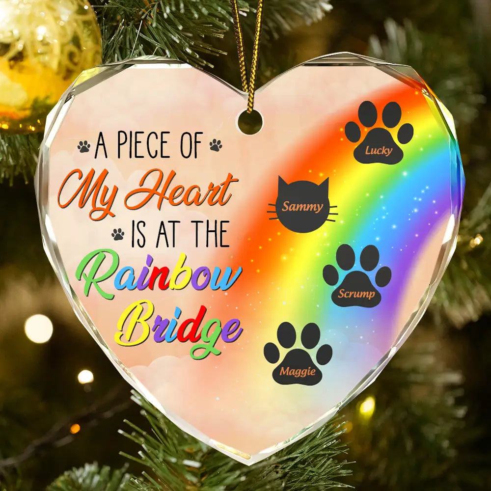 Memorial Dog Cat A Piece Of My Heart Is At The Rainbow Bridge - Personalized Heart Shaped Glass Ornament by Inkedjoy