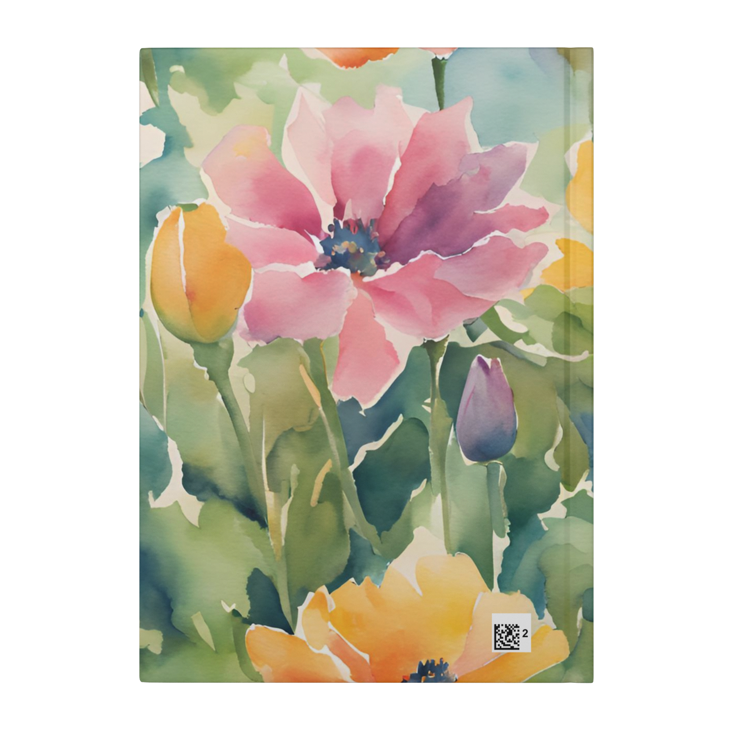 Notebook with watercolor-style floral cover featuring large pink, yellow, and purple flowers on a green background.