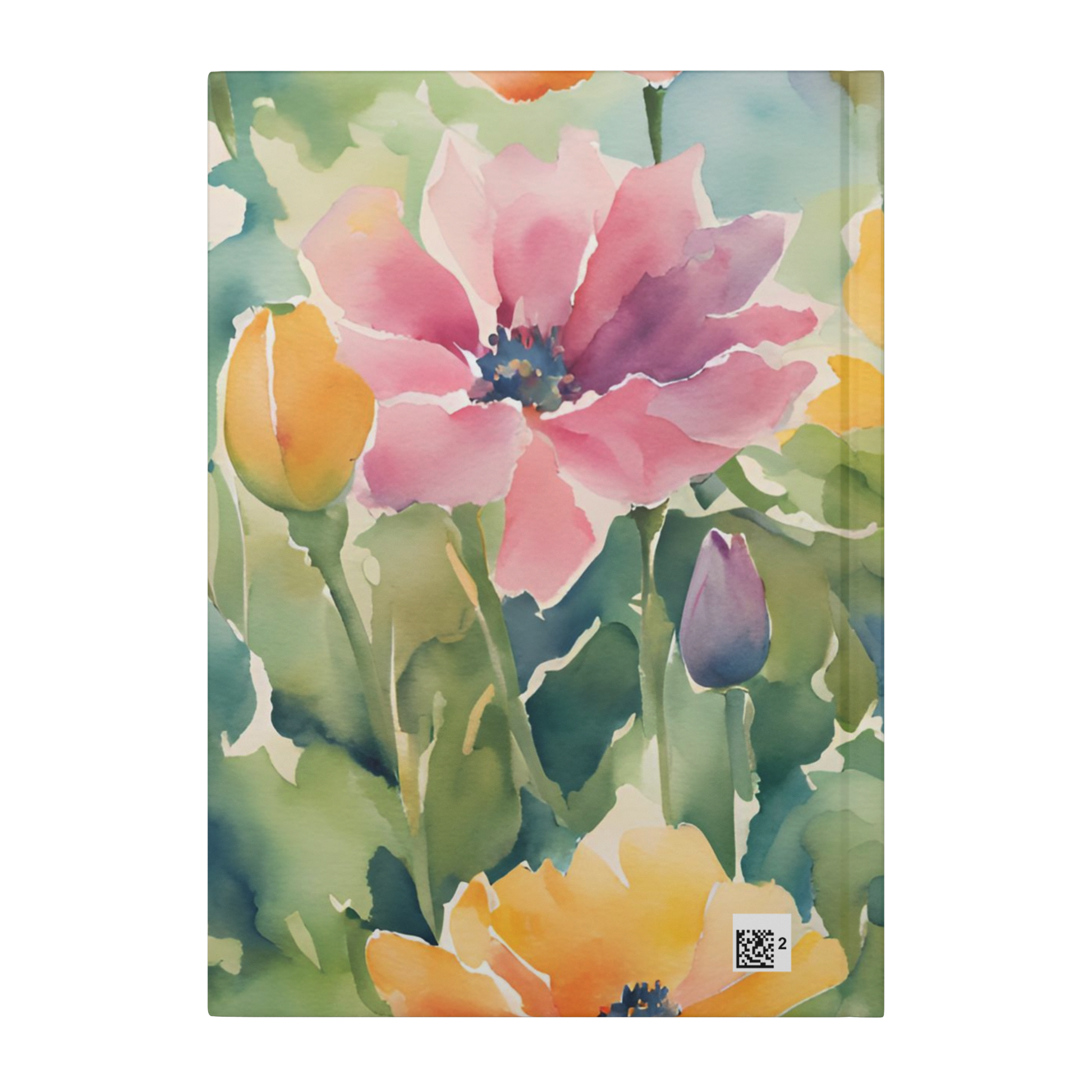 Notebook with watercolor-style floral cover featuring large pink, yellow, and purple flowers on a green background.