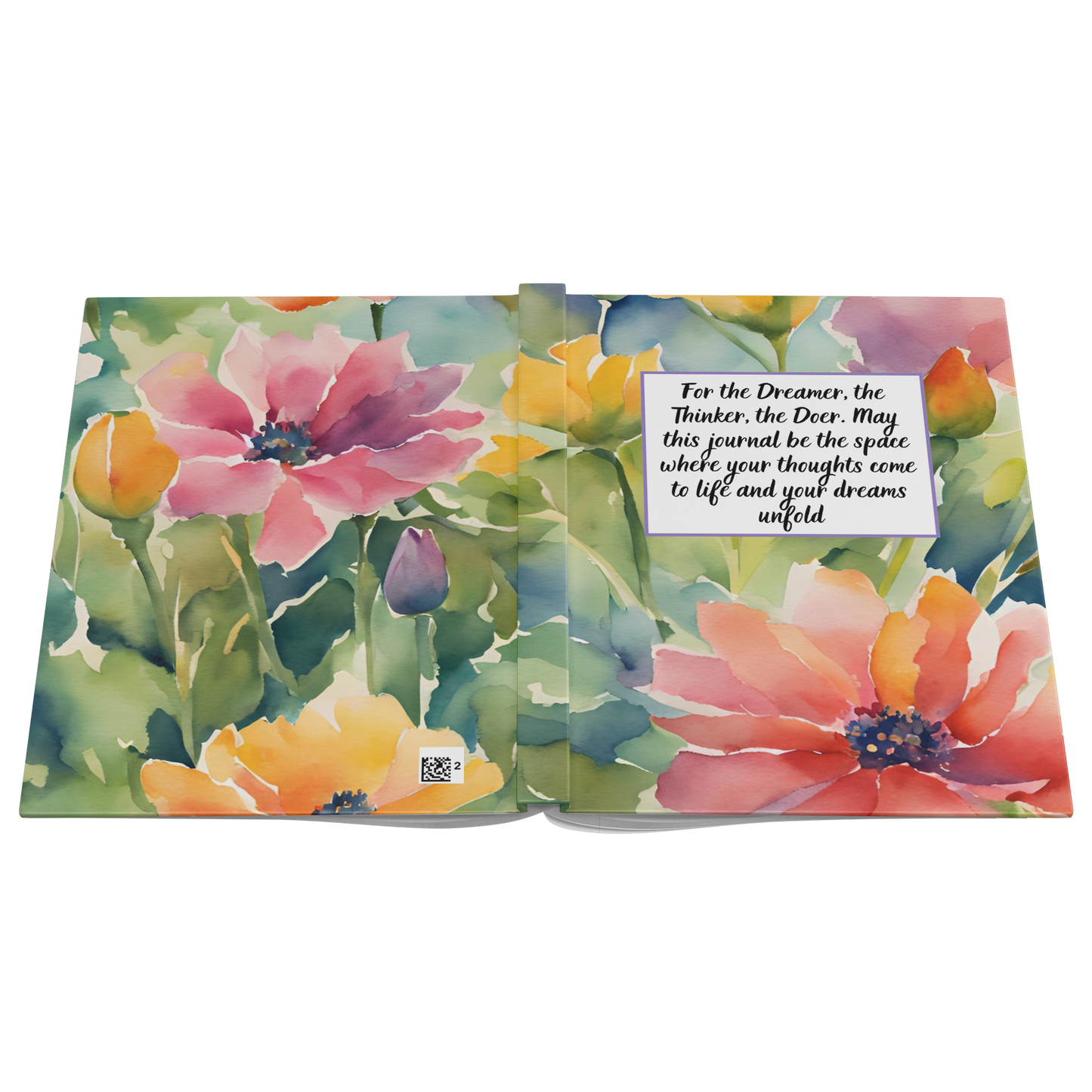 Notebook with colorful watercolor flower decoration and inspirational quote on dreamers, thinkers, and doers.