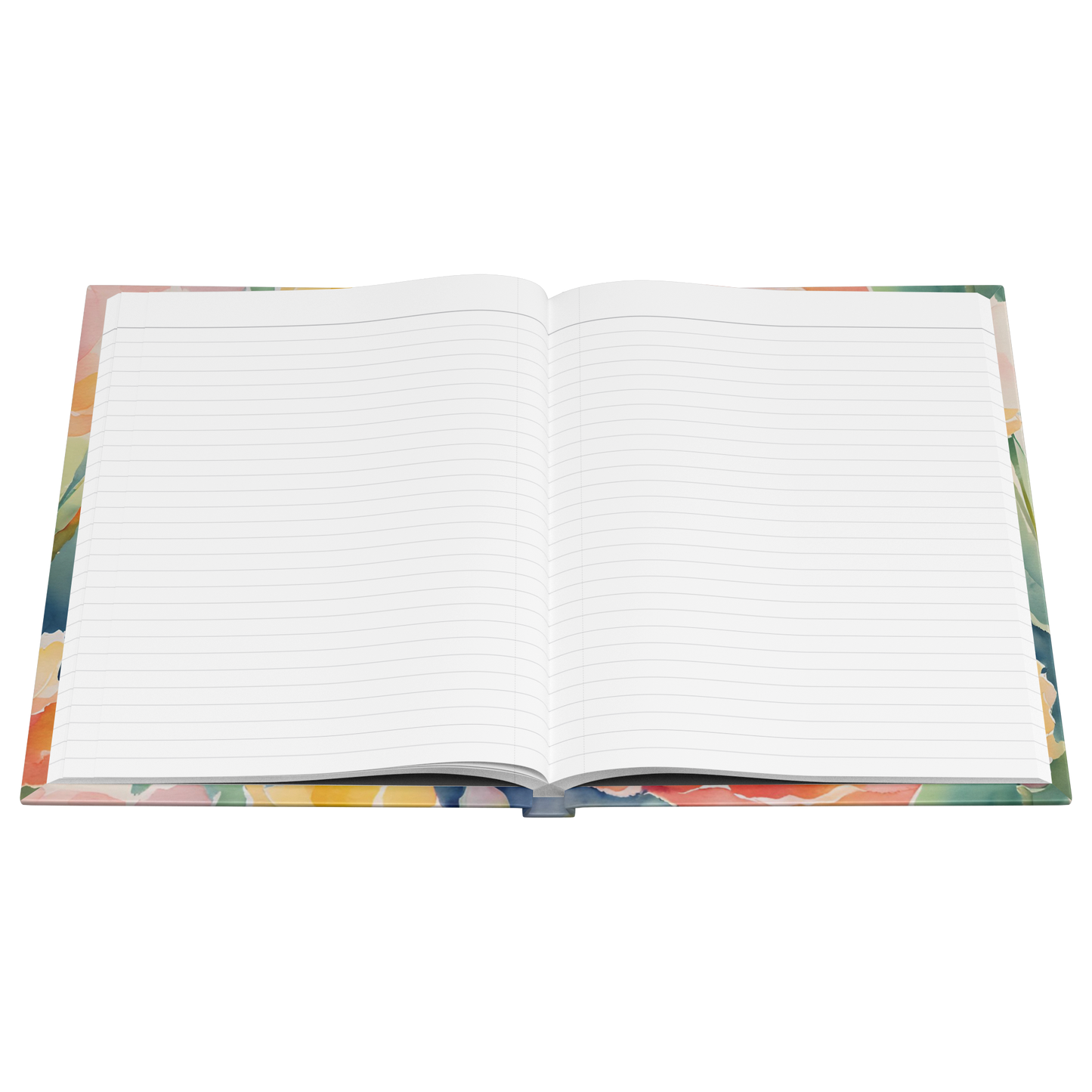 Open lined notebook with colorful floral patterned cover edges and white pages.