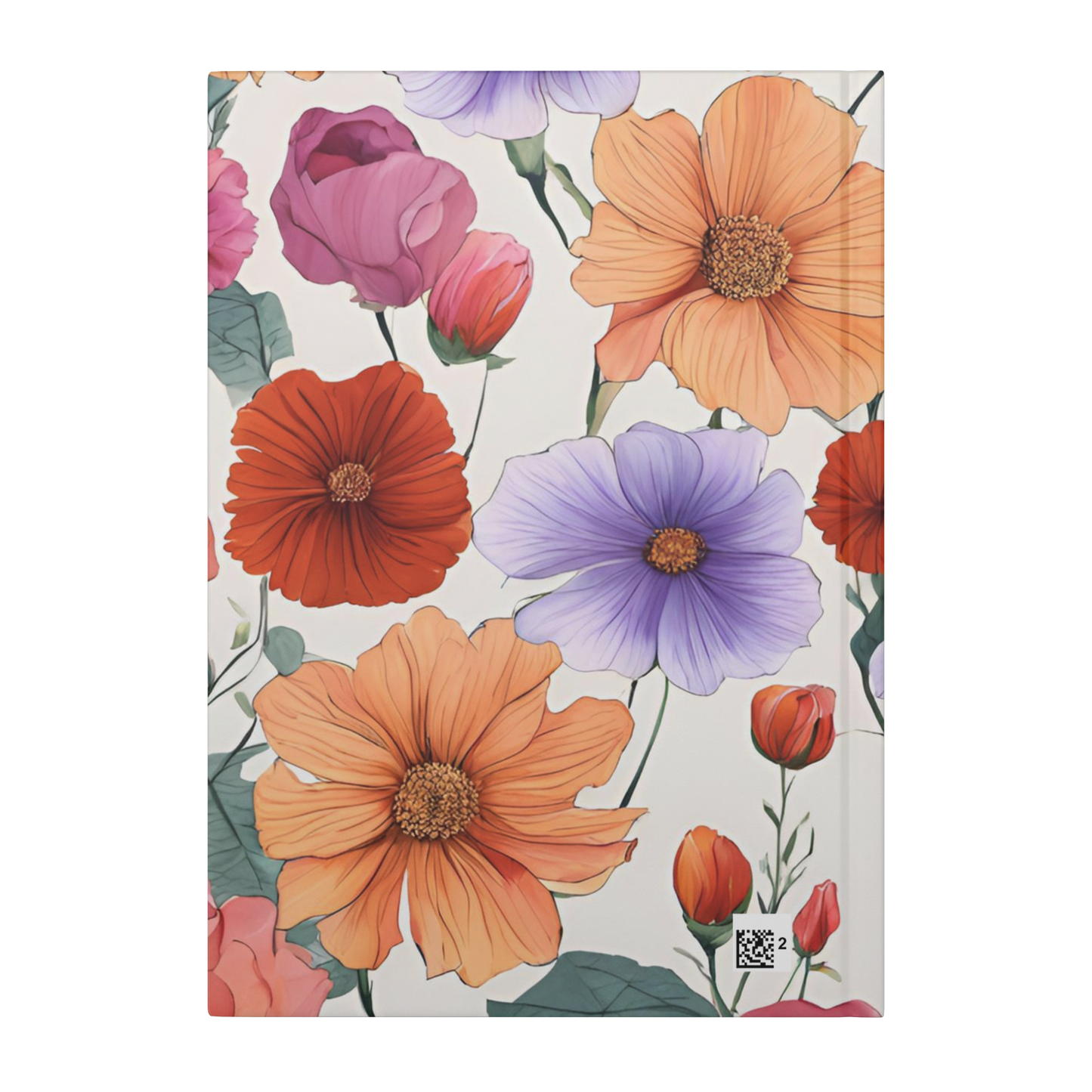 Notebook cover with large orange, red, and purple flowers on a cream background.