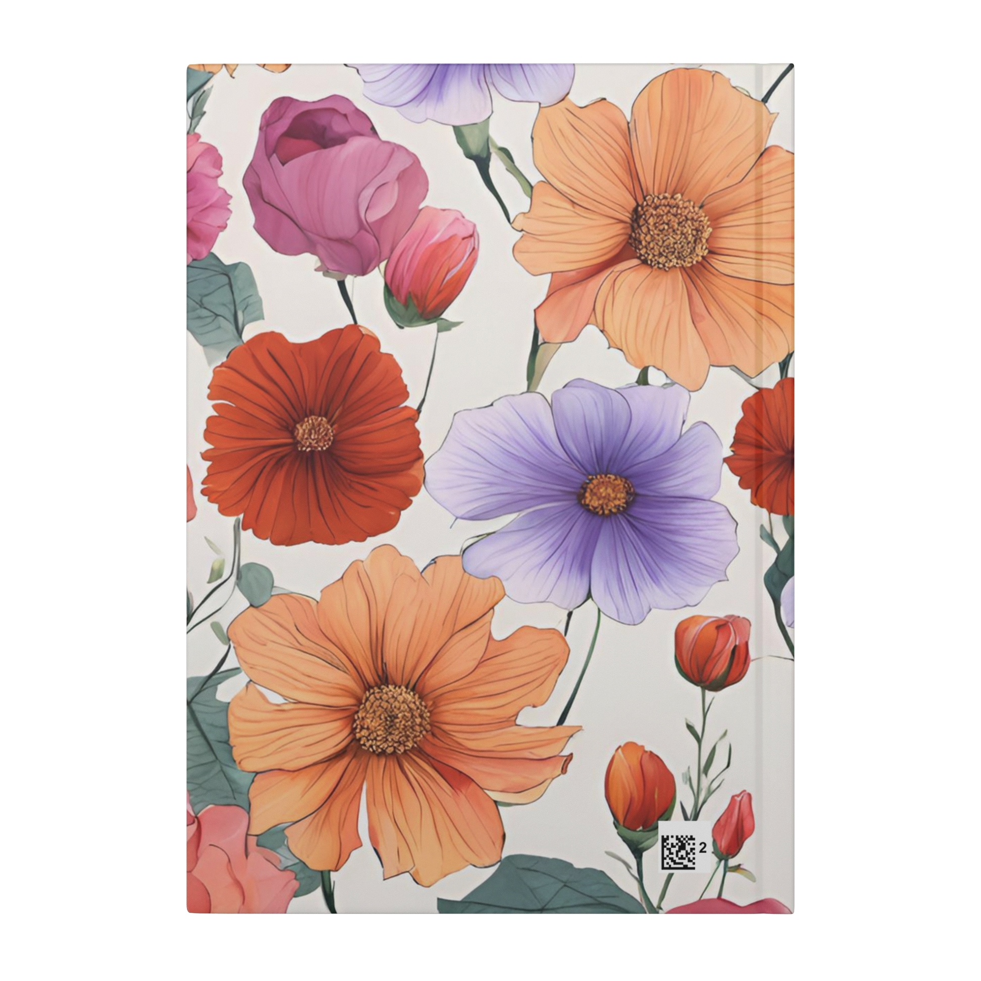 Notebook cover with large orange, red, purple, and pink flowers on a light background.