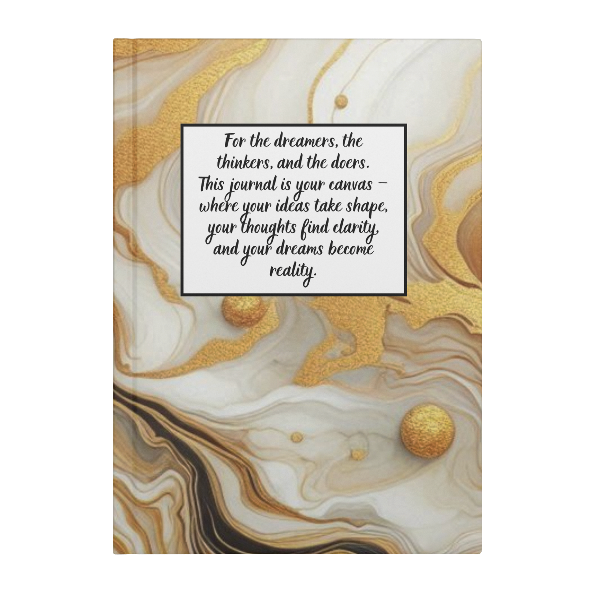 Notebook with marbled gold, beige, and white cover and inspirational quote in black script on white label.