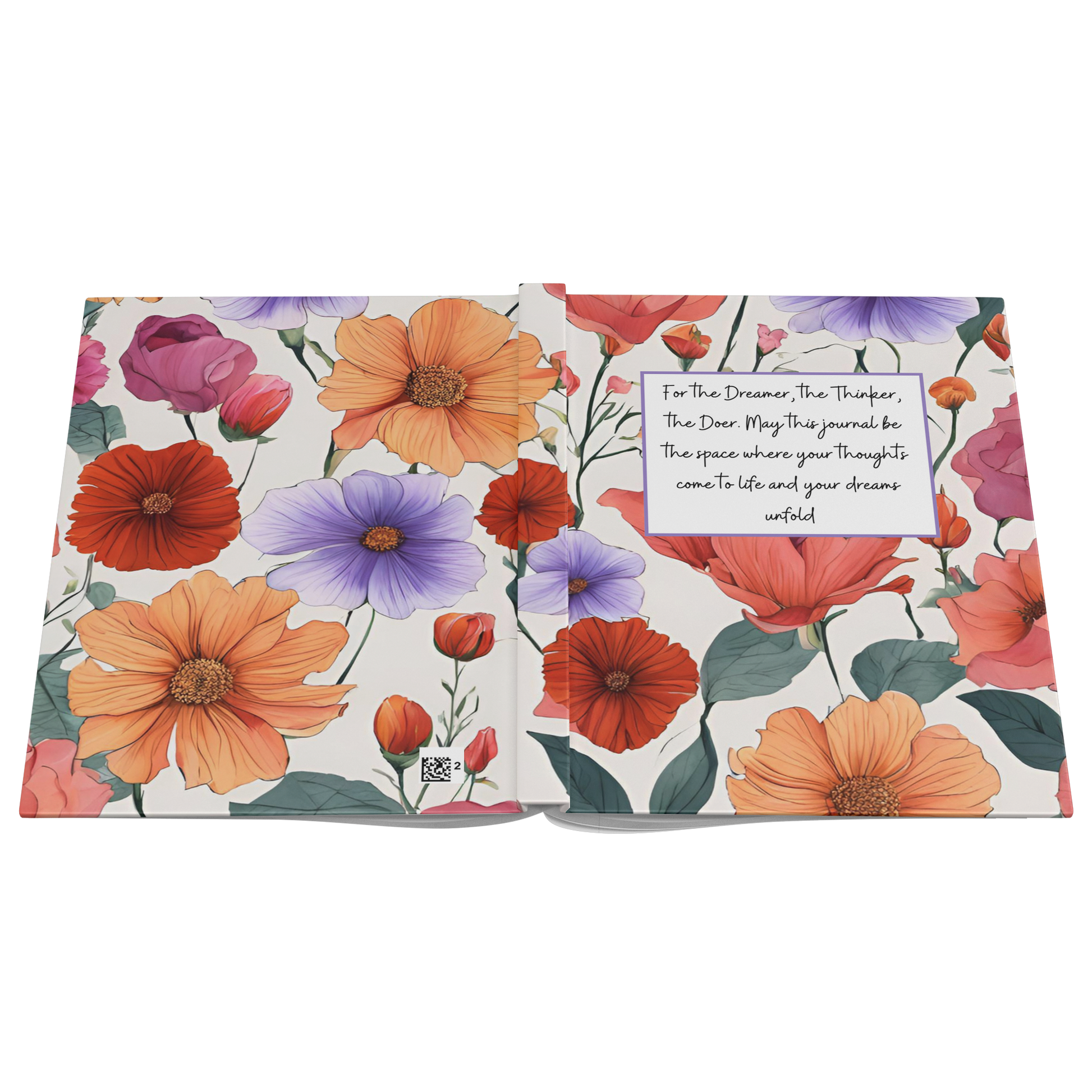 Notebook cover with large orange, red, and pink flowers and a white text box containing an inspirational quote.