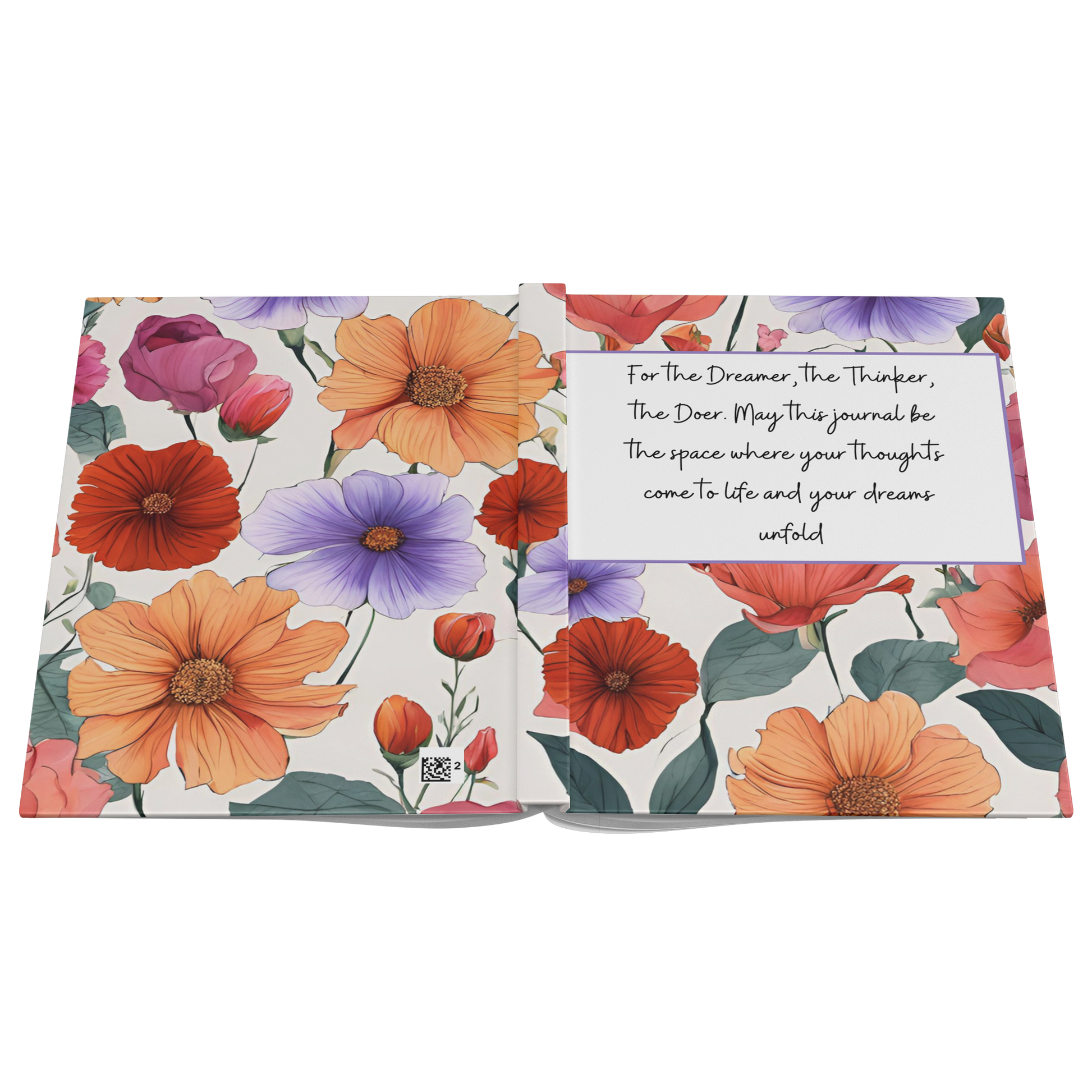 Notebook with colorful orange, red, and purple floral cover and inspirational quote on the inside page.