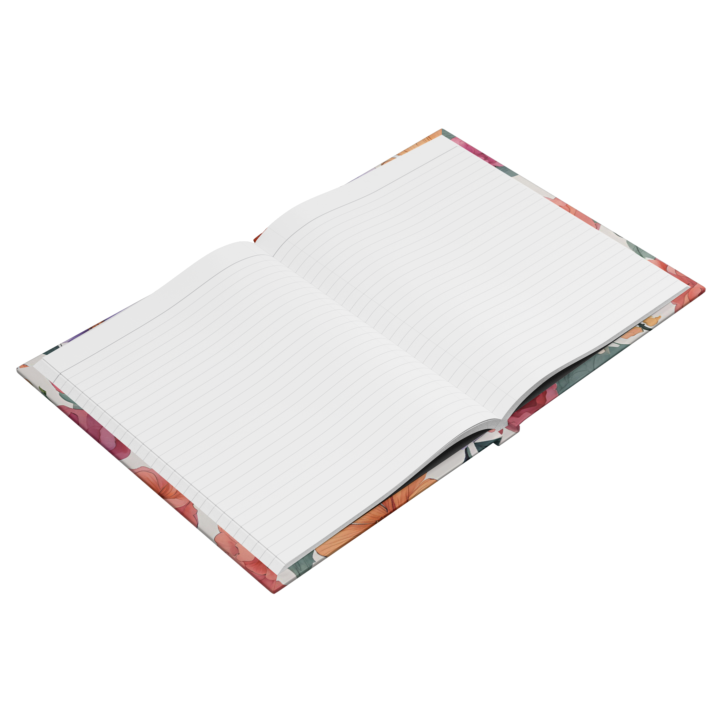 Open lined notebook with floral-patterned cover in shades of pink, green, and brown.