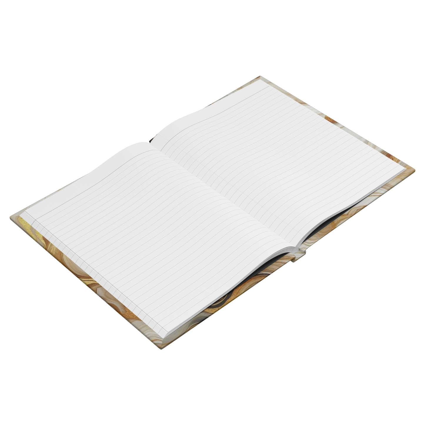 Open lined notebook with floral patterned cover and cream-colored pages.
