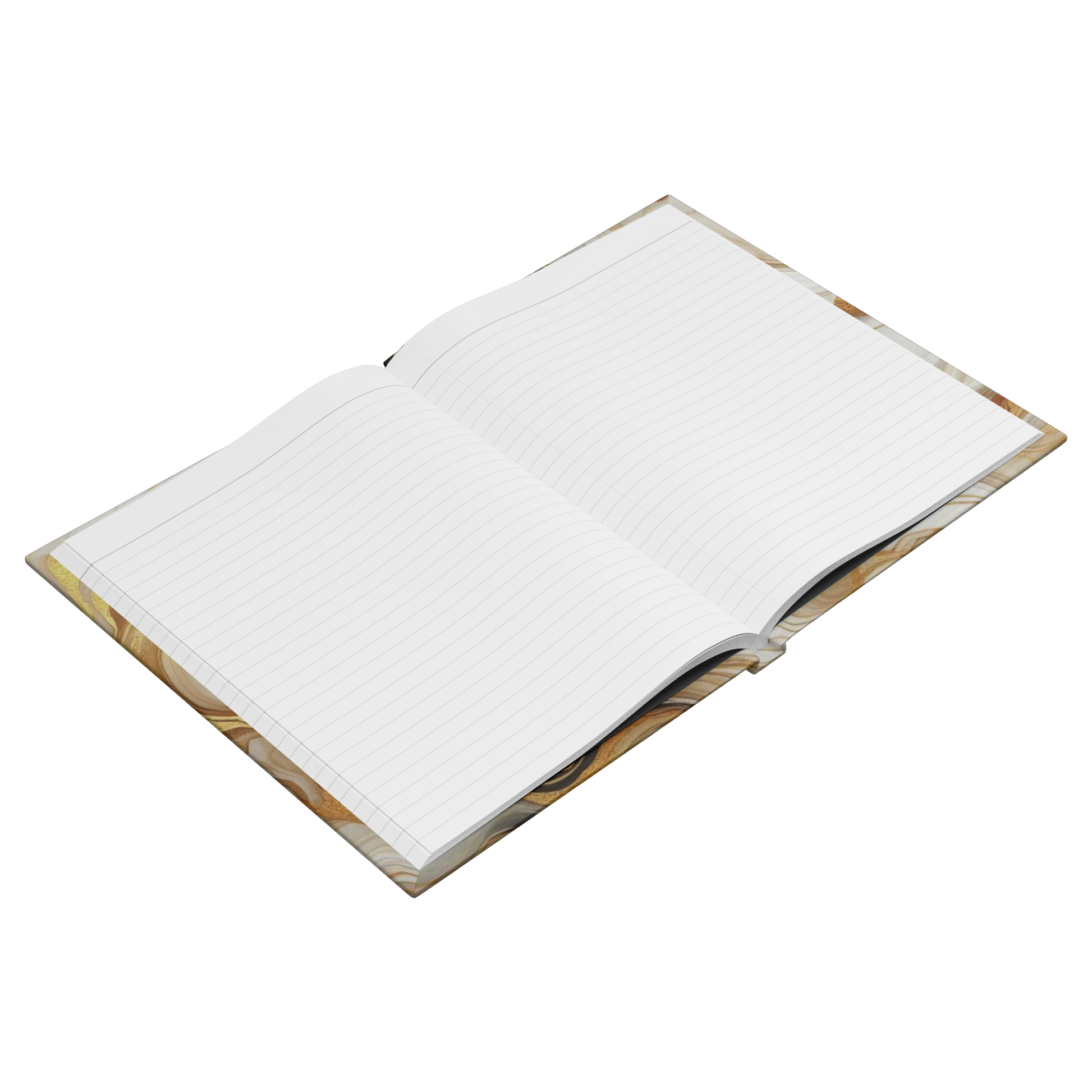Open lined notebook with floral patterned cover and cream-colored pages.