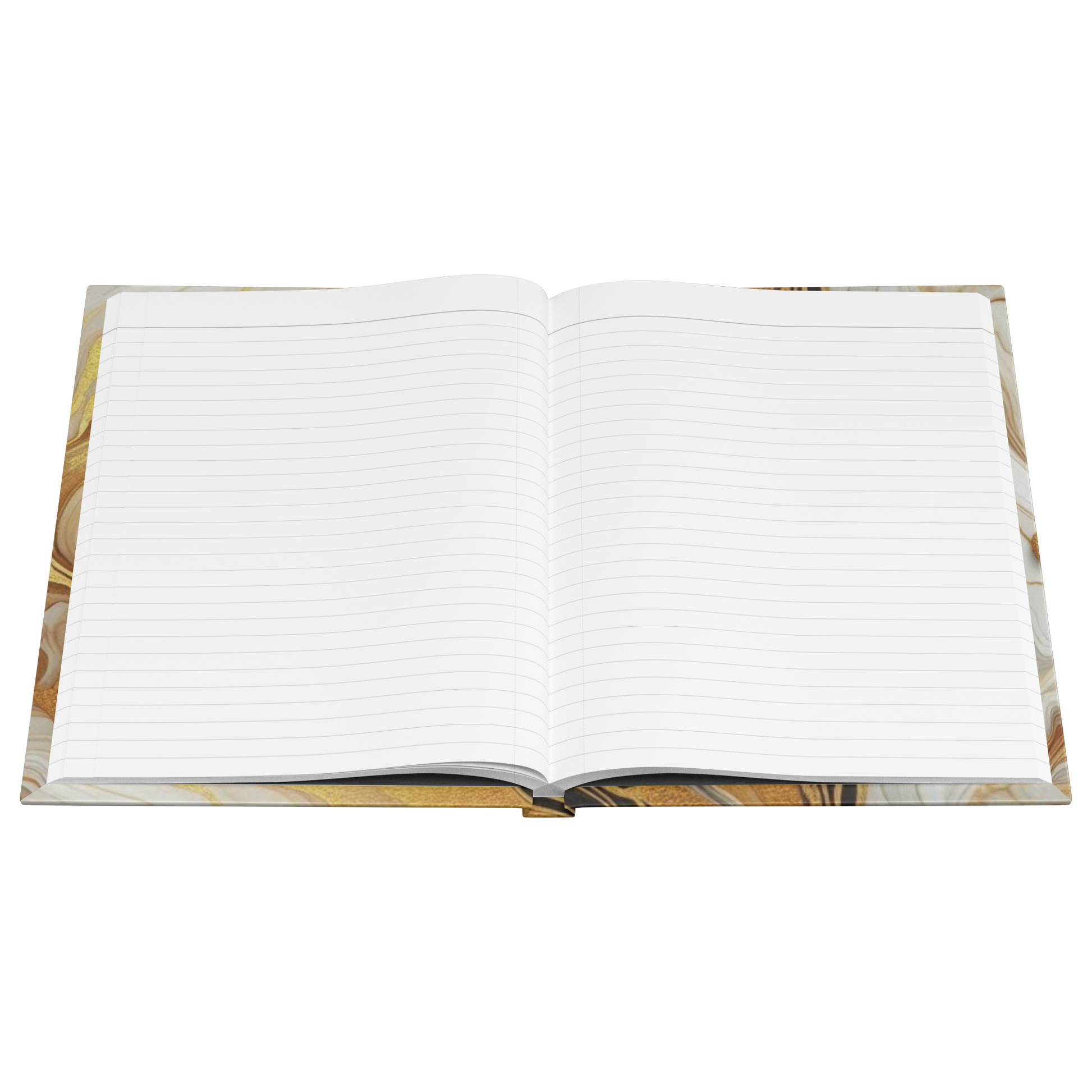 Open notebook with lined white pages and a marbled brown and beige cover.