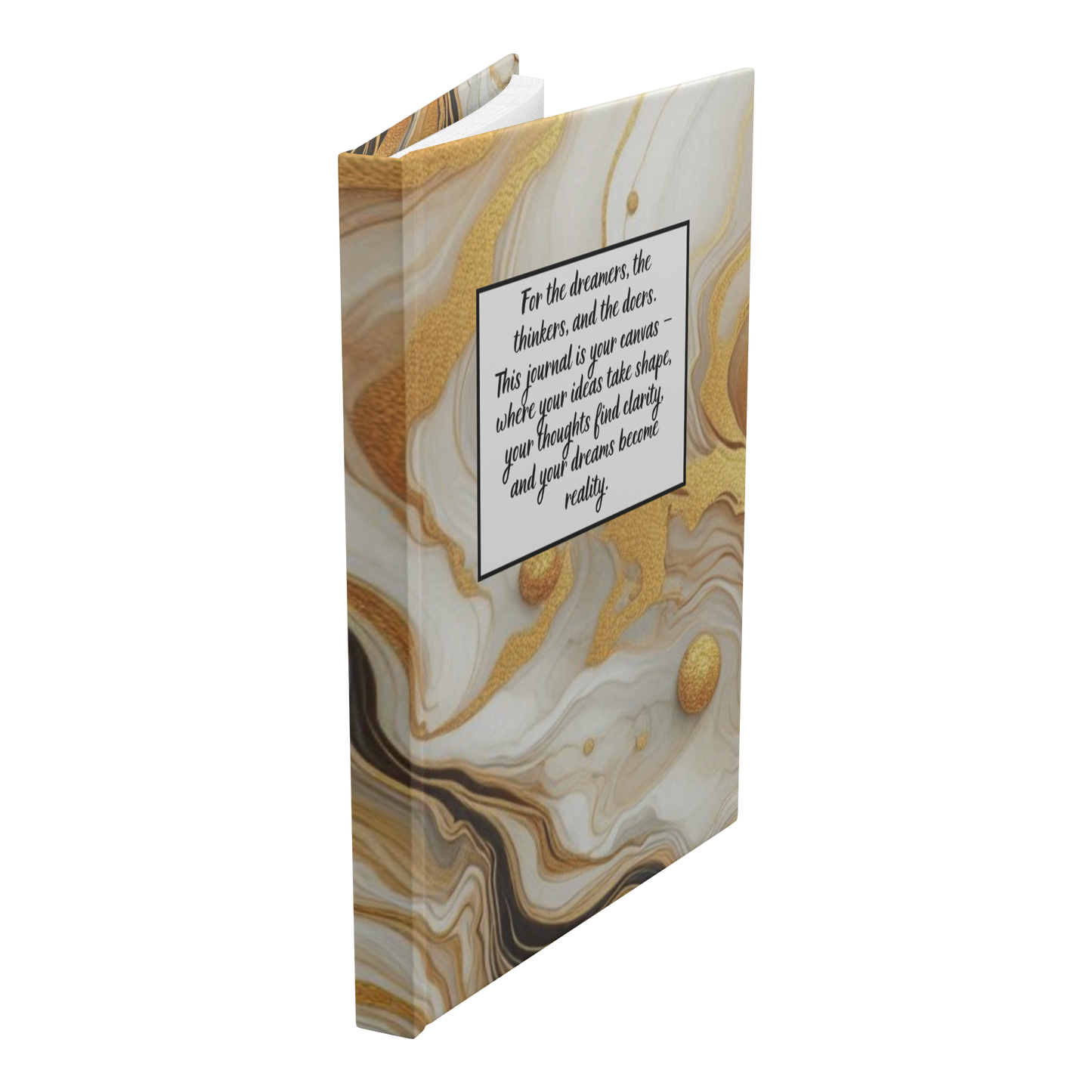 Notebook with abstract marbled beige and brown cover featuring an inspirational quote in black text.