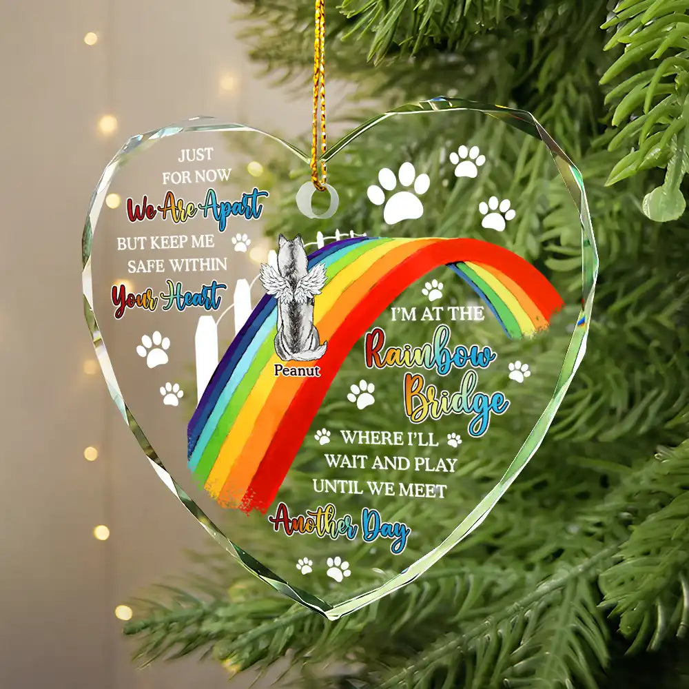 Dog Cat Memorial We'll Wait And Play At The Rainbow Bridge - Personalized Heart Shaped Glass Ornament by Inkedjoy