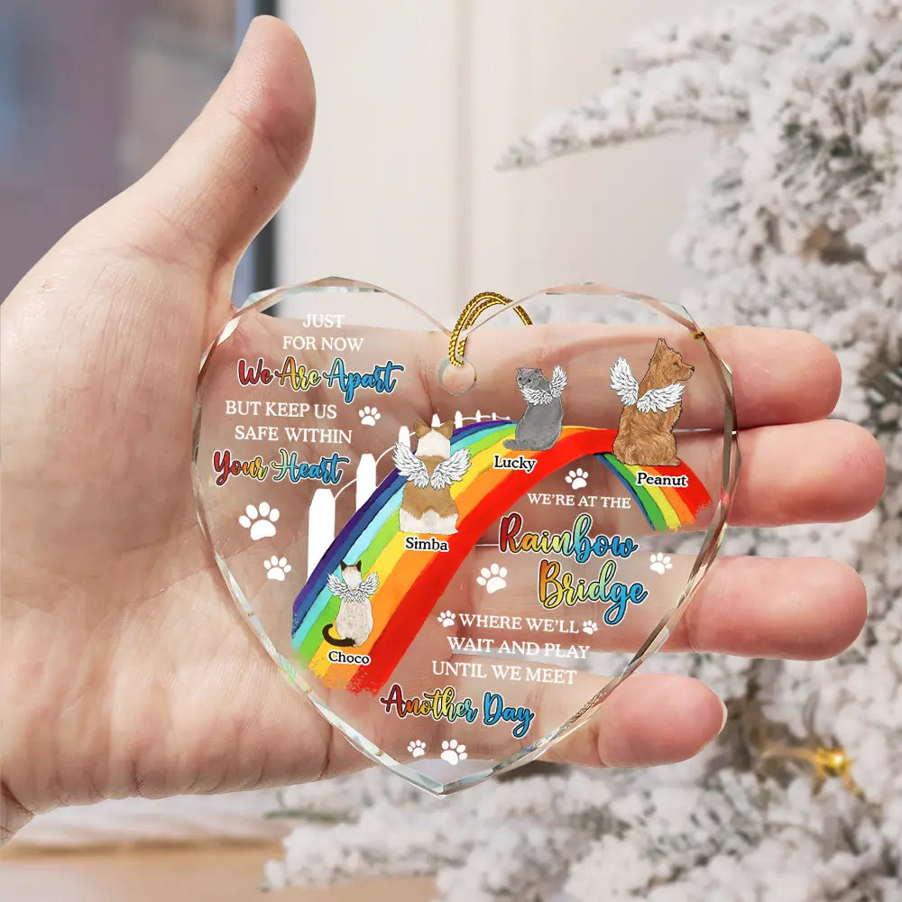 Dog Cat Memorial We'll Wait And Play At The Rainbow Bridge - Personalized Heart Shaped Glass Ornament by Inkedjoy