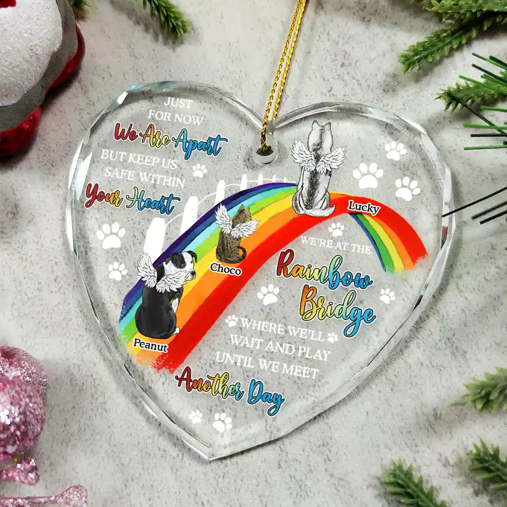 Dog Cat Memorial We'll Wait And Play At The Rainbow Bridge - Personalized Heart Shaped Glass Ornament by Inkedjoy