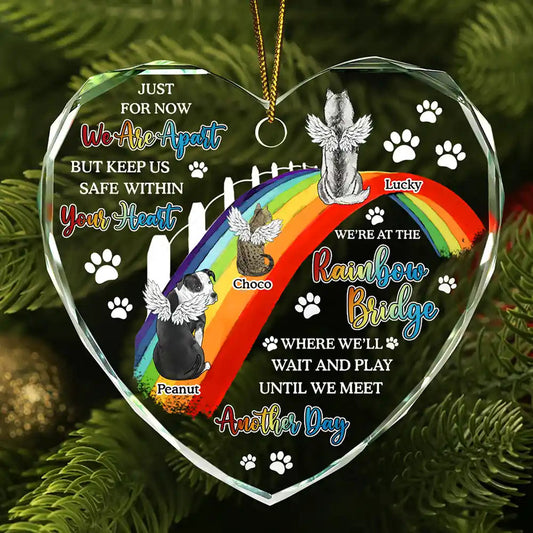 Dog Cat Memorial We'll Wait And Play At The Rainbow Bridge - Personalized Heart Shaped Glass Ornament by Inkedjoy