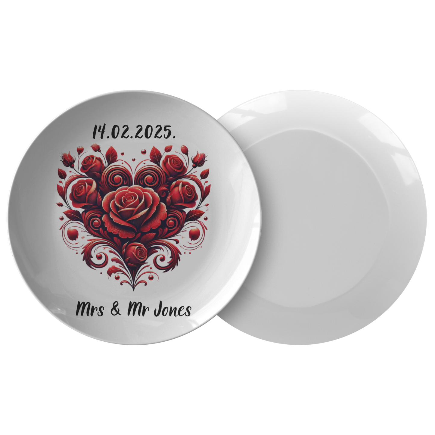White ceramic plate with red rose heart design, personalized date "14.02.2025" and text "Mrs & Mr Jones".