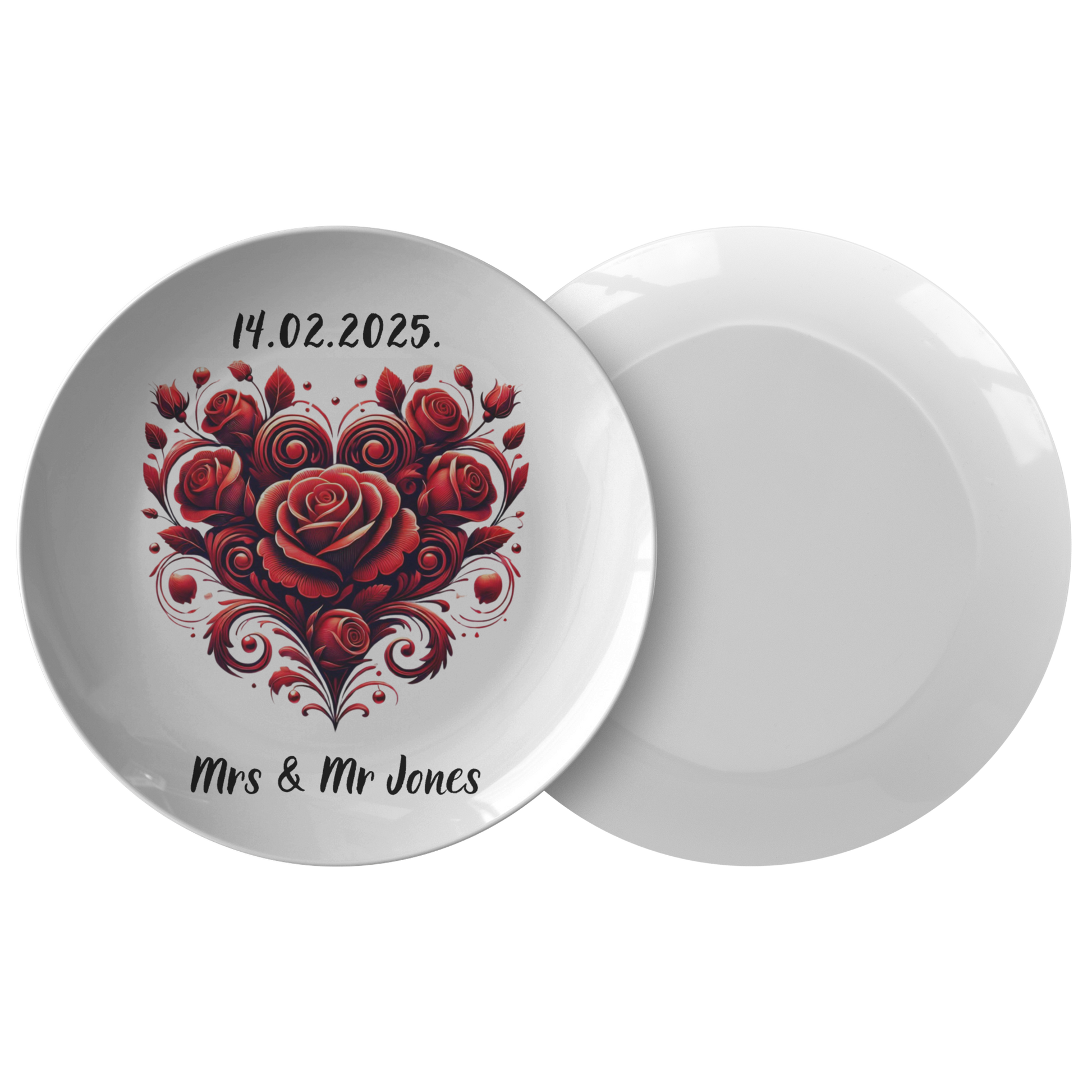White ceramic plate with red rose heart design, personalized date "14.02.2025" and text "Mrs & Mr Jones".