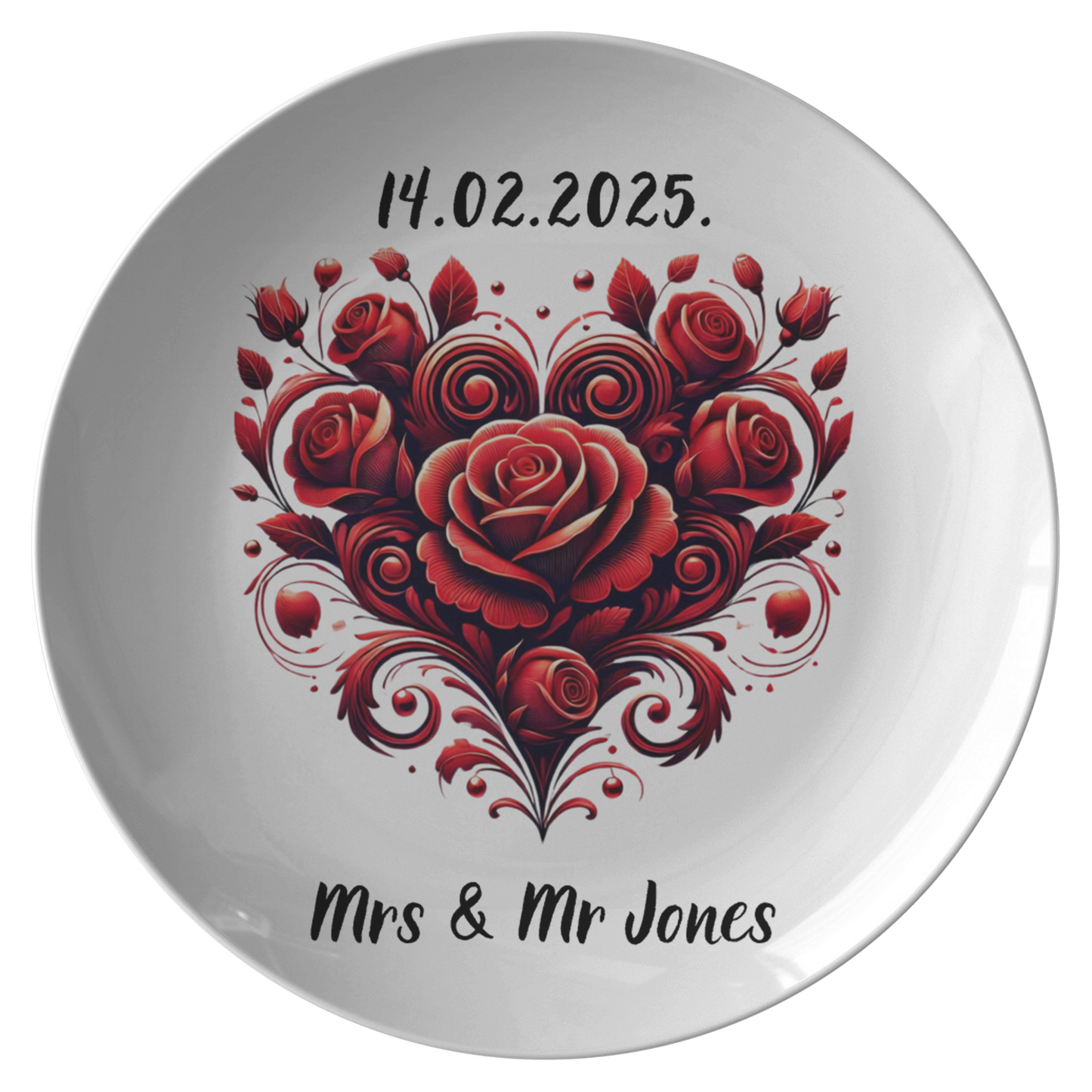 White ceramic plate with red rose heart design, personalized date 14.02.2025 and "Mrs & Mr Jones" text.