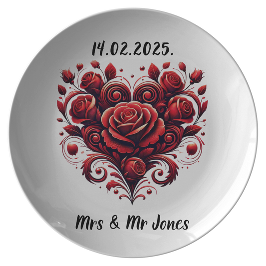White ceramic plate with red rose heart design, personalized date 14.02.2025 and "Mrs & Mr Jones" text.
