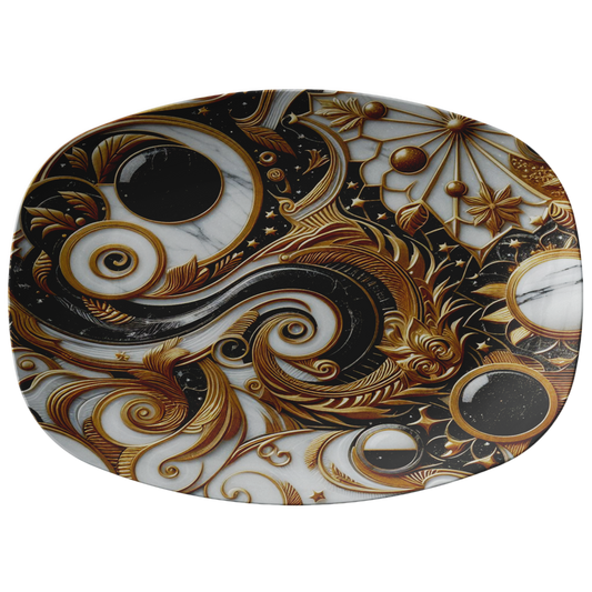 Oval serving platter with black, white, and gold ornate swirling and floral design.