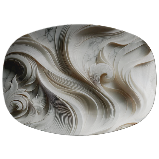 Rectangular serving platter with black and white granite look and swirling marble pattern.