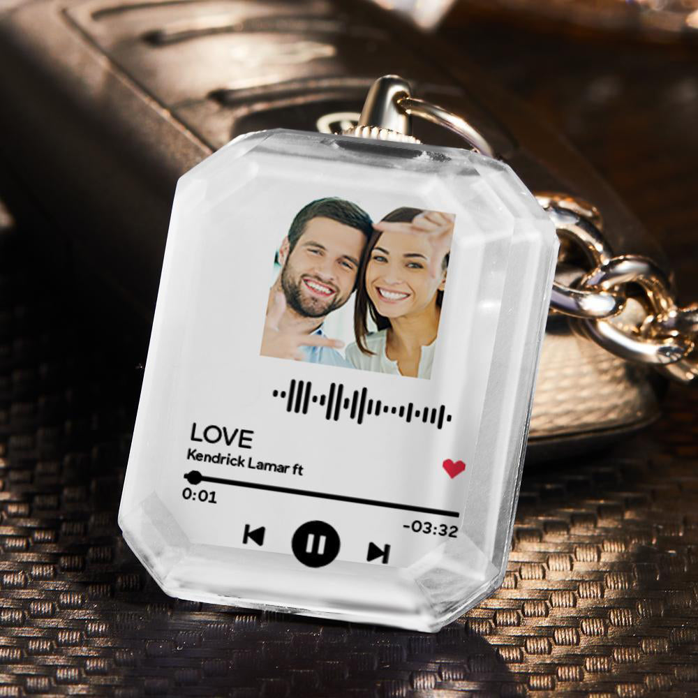 Personalized crystal keychain with a couple's photo and scannable music code, perfect gift for couples.