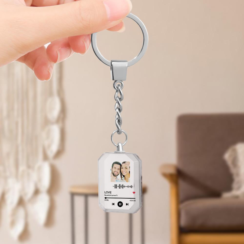 Close-up of a hand holding a keychain with a picture of a smiling couple and a music player interface displaying the song "LOVE" by Kendrick Lamar.