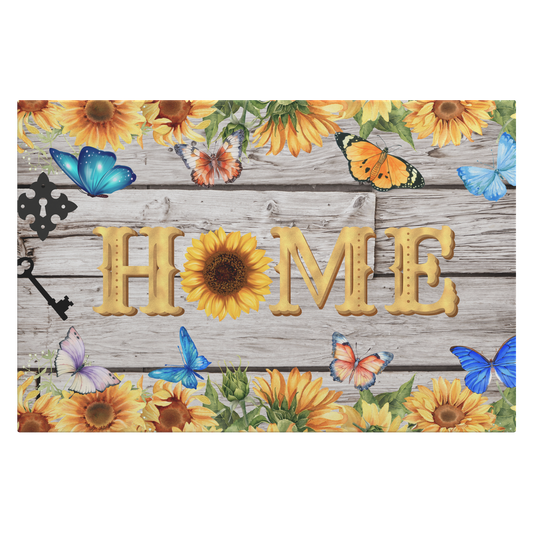 Rustic wooden sign with sunflowers, butterflies, and the word HOME with a sunflower O.