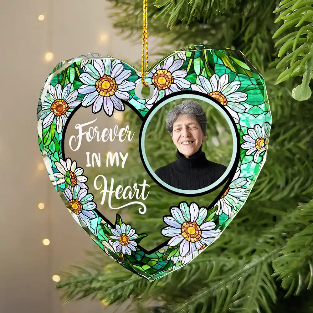 Custom Photo Floral Forever In Our Hearts - Personalized Heart Shaped Glass Ornament by Inkedjoy
