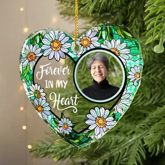 Custom Photo Floral Forever In Our Hearts - Personalized Heart Shaped Glass Ornament by Inkedjoy
