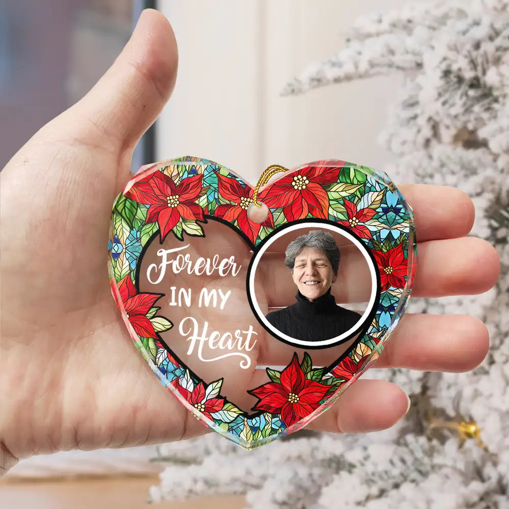 Custom Photo Floral Forever In Our Hearts - Personalized Heart Shaped Glass Ornament by Inkedjoy