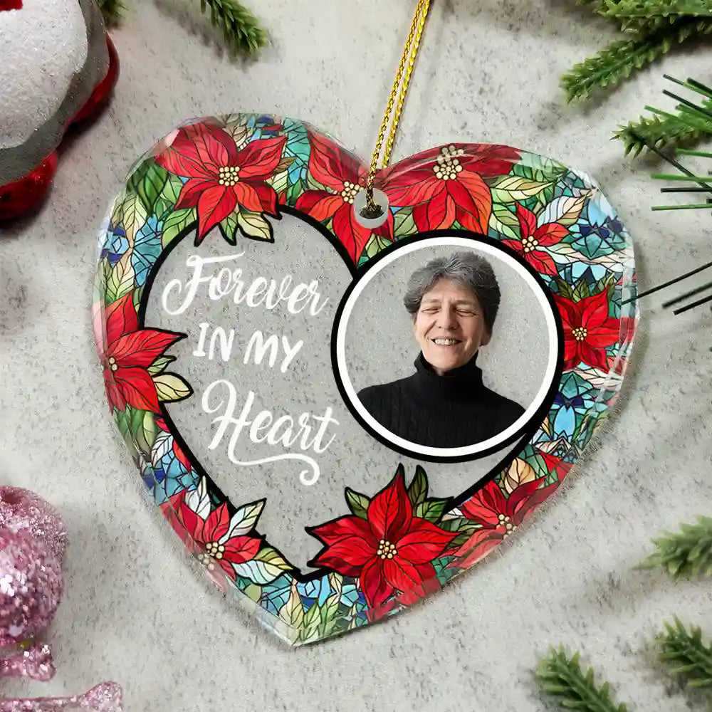 Custom Photo Floral Forever In Our Hearts - Personalized Heart Shaped Glass Ornament by Inkedjoy