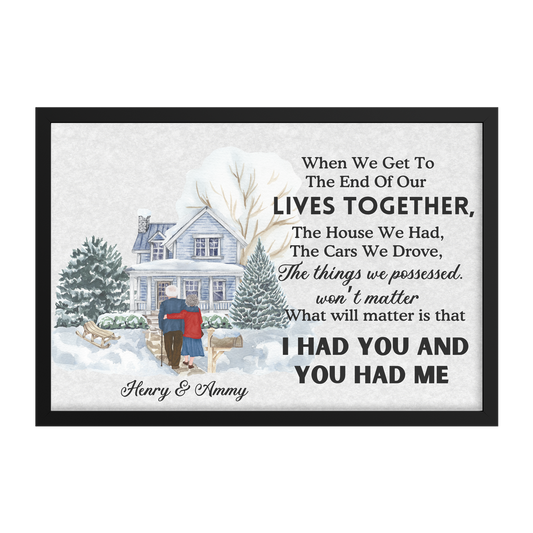Custom wall art with a white house, tree, flowers, and heartfelt "Lives Together" quote in black text on white background.