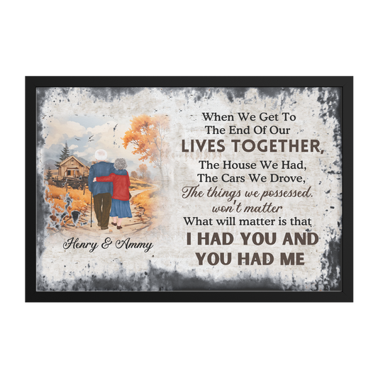 Custom black-framed wall art with autumn scene of elderly couple walking, sentimental quote and names Harry & Antony.
