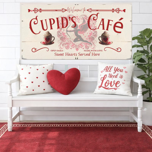Cupid’s Cafe Canvas Wall Art – Romantic Valentine’s Day Home Decor Gift