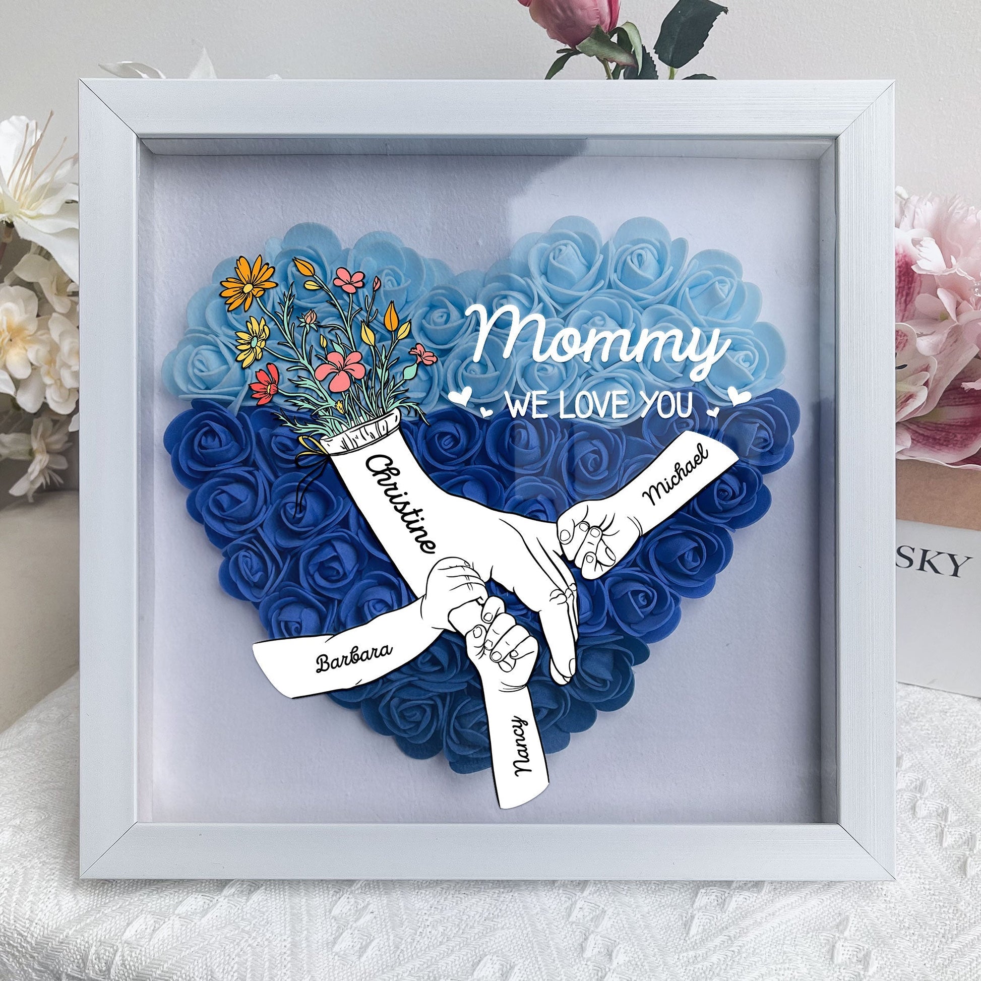 We Love You Mommy Hand Holding - Personalized Flower Shadow Box by Inkedjoy