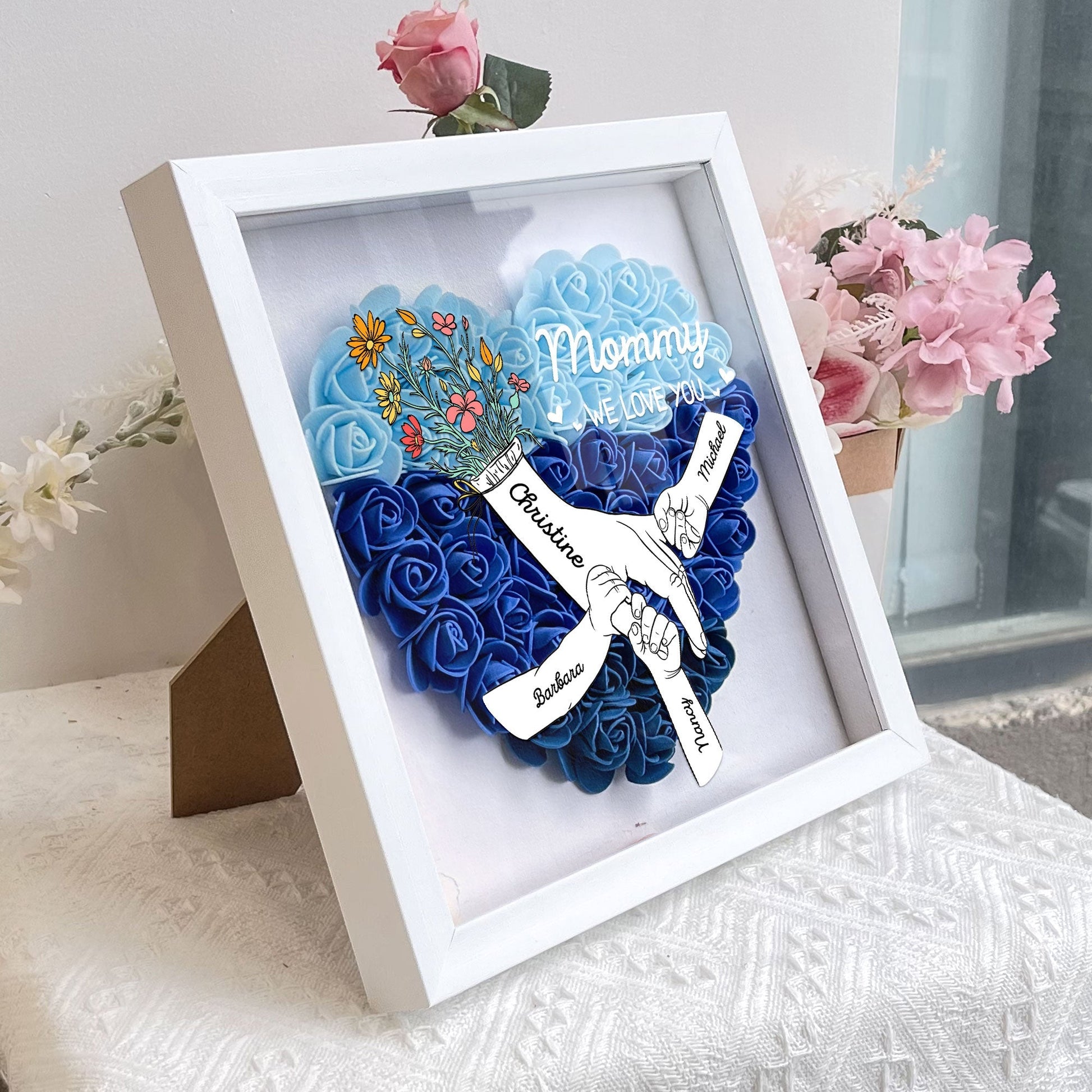 We Love You Mommy Hand Holding - Personalized Flower Shadow Box by Inkedjoy