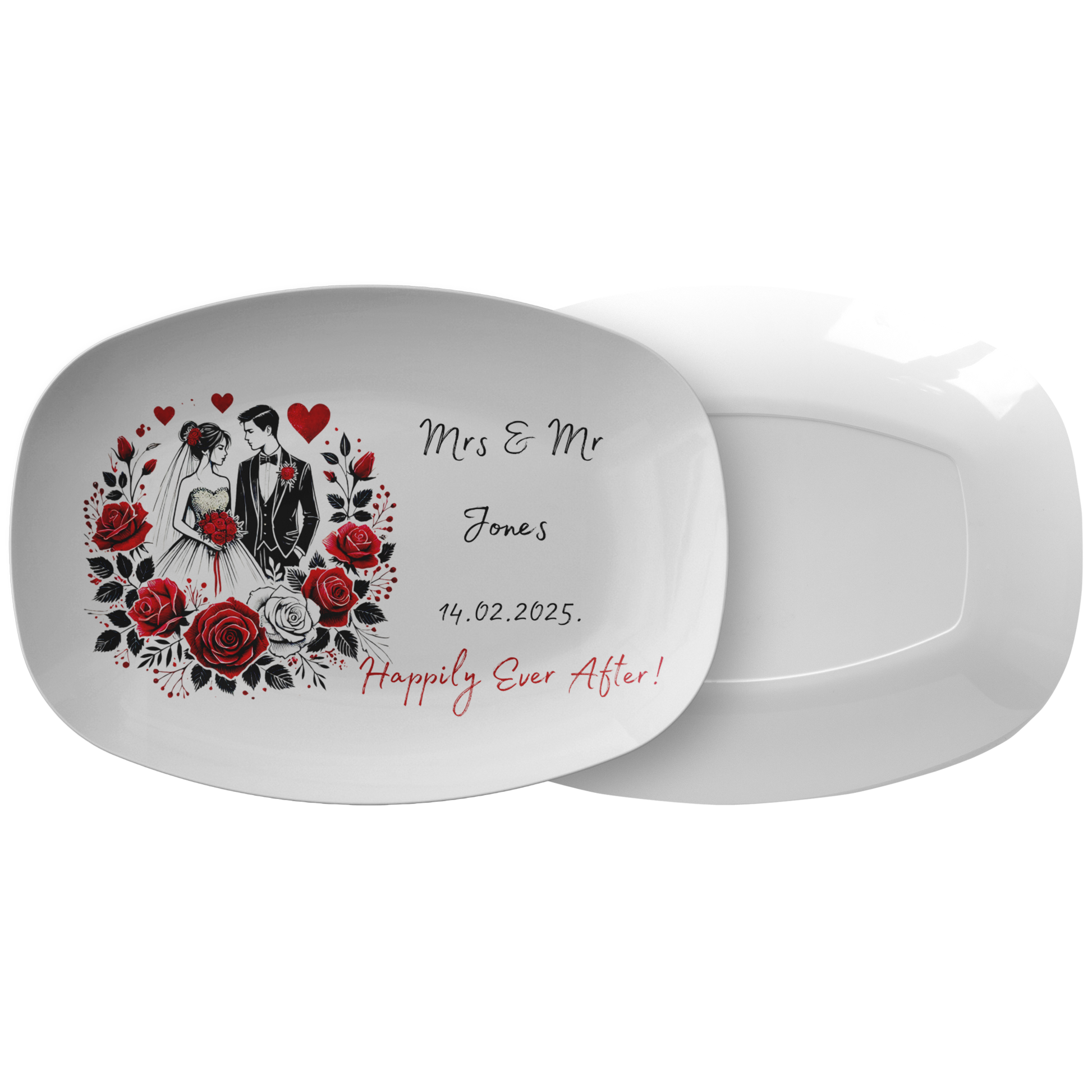 White rectangular ceramic platter with black and red rose and heart design, two champagne glasses, and custom "Mrs & Mr.