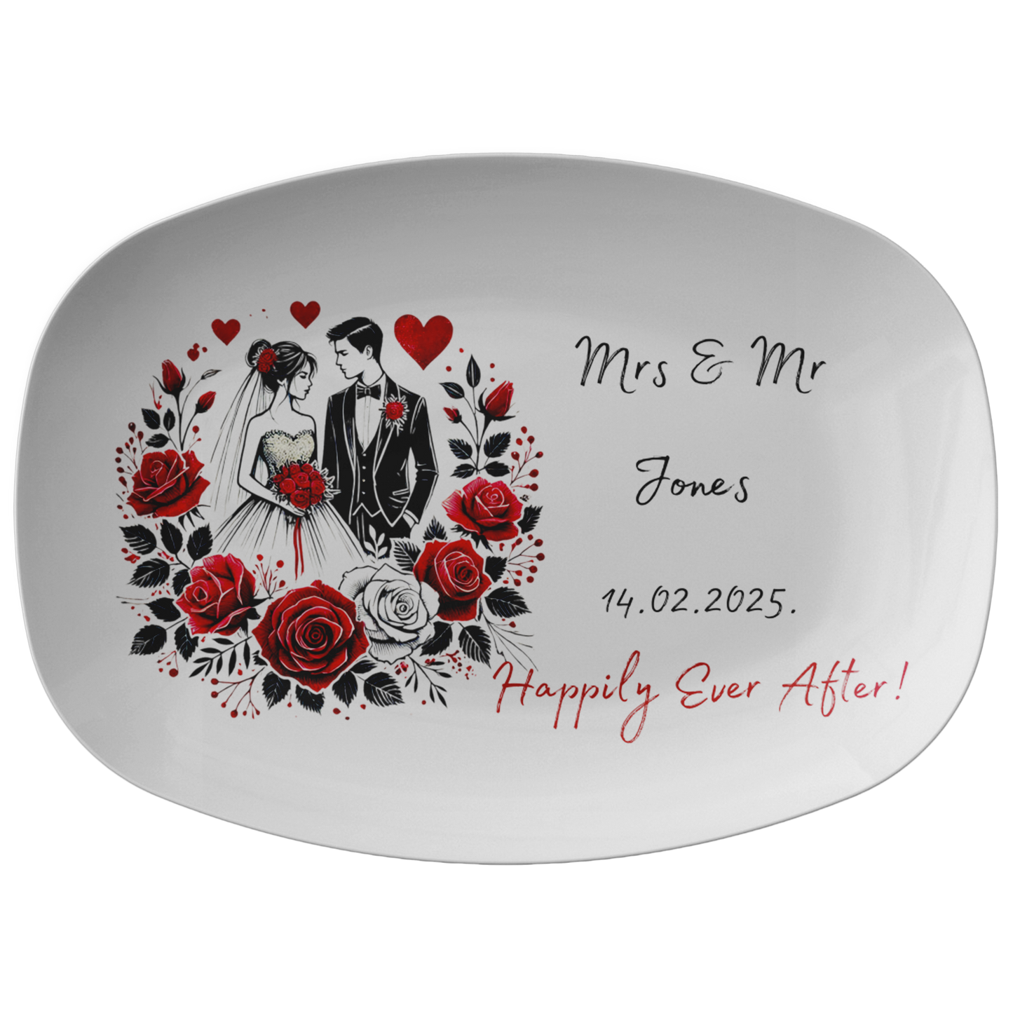 White ceramic wedding platter with bride and groom illustration surrounded by red roses and hearts, personalized with "Mrs & .
