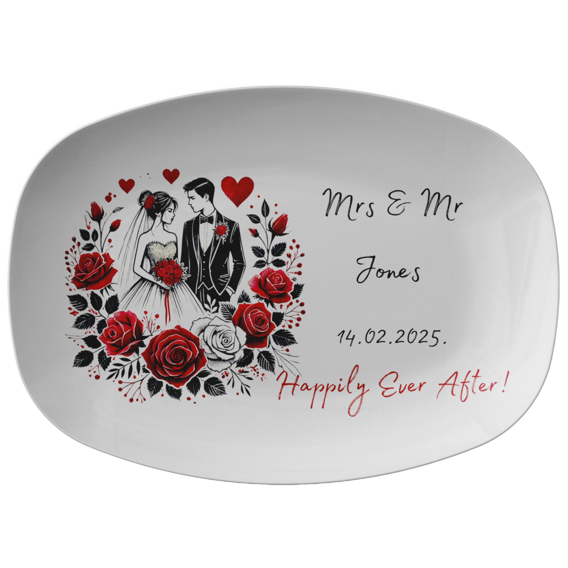 White ceramic wedding platter with bride and groom illustration surrounded by red roses and hearts, personalized with "Mrs & .