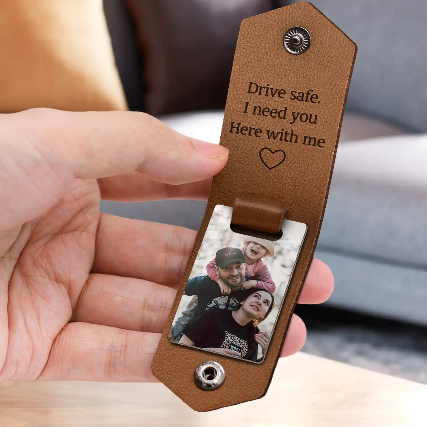 Custom Photo Dad I Love You Drive Safe I Need You Here With Me - Gift For Father, Grandpa Husband - Personalized Leather Photo Keychain by Inkedjoy