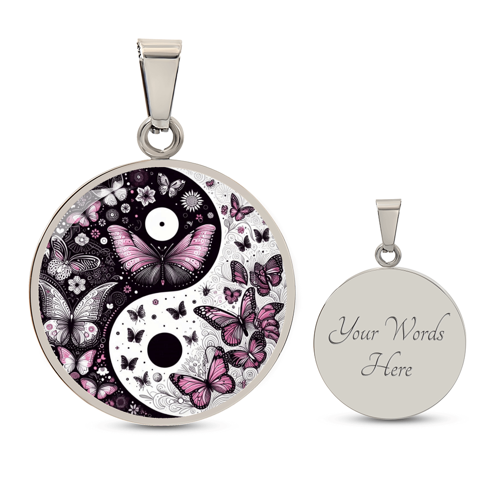 Round silver pendant with yin yang symbol adorned by violet butterflies on front, customizable engraved back.