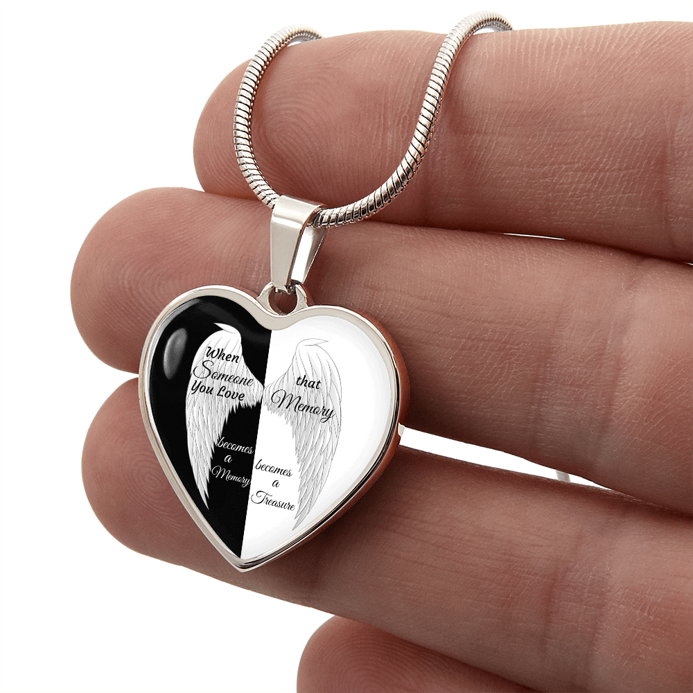 Luxury Graphic Heart Necklace Black and White with White Angel wings