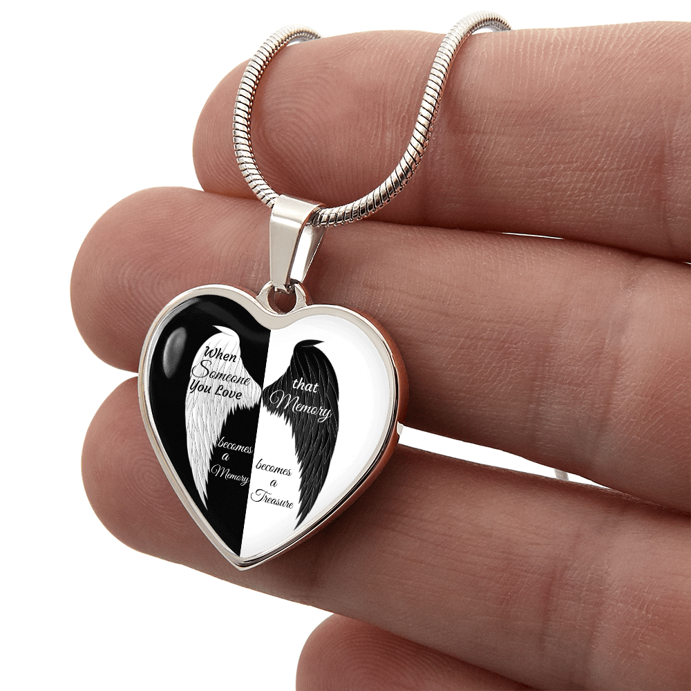 Luxury Graphic Heart Necklace When Someone You love becomes a Memory, black white Angel Wings